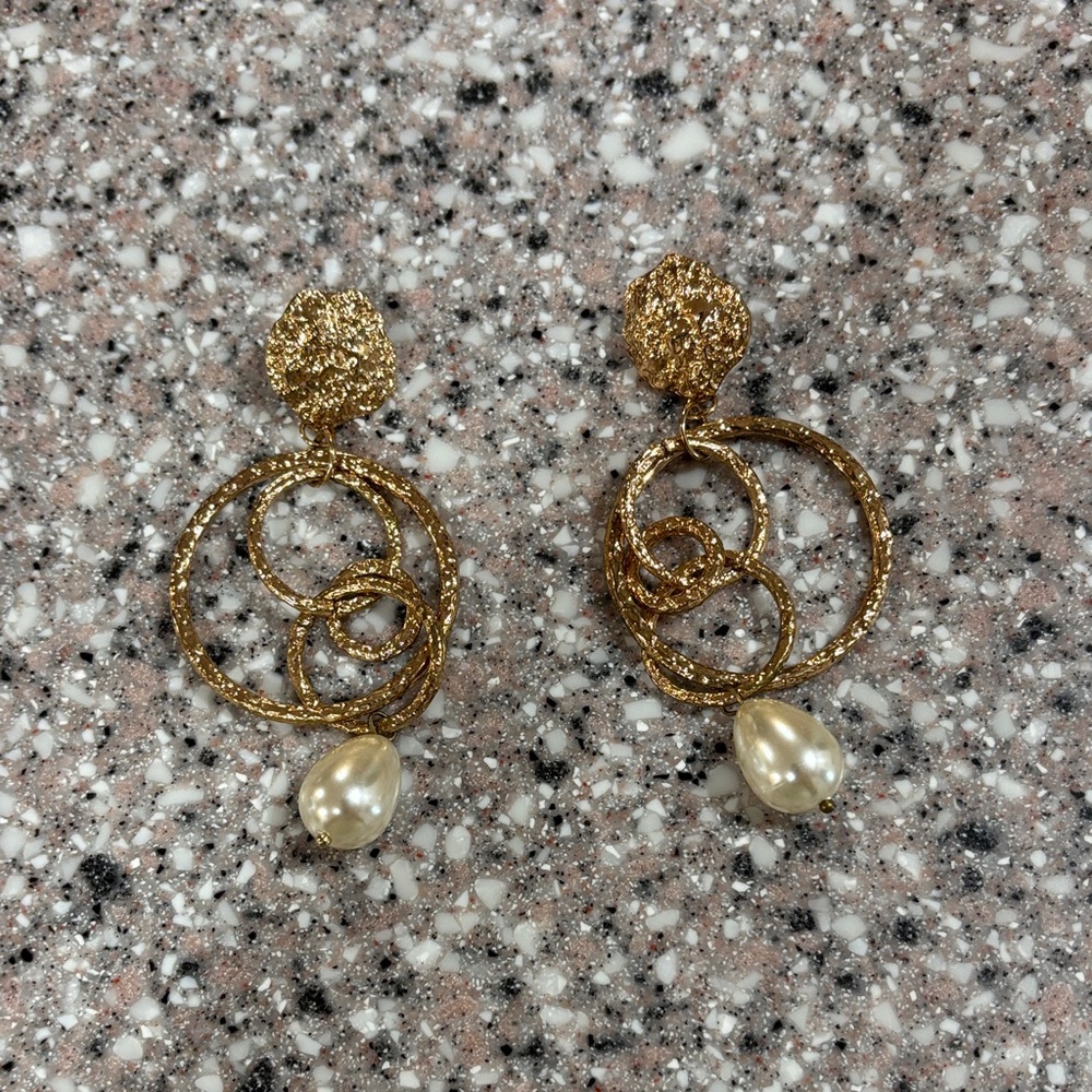 Gold Textured Earrings with Pearl Drop